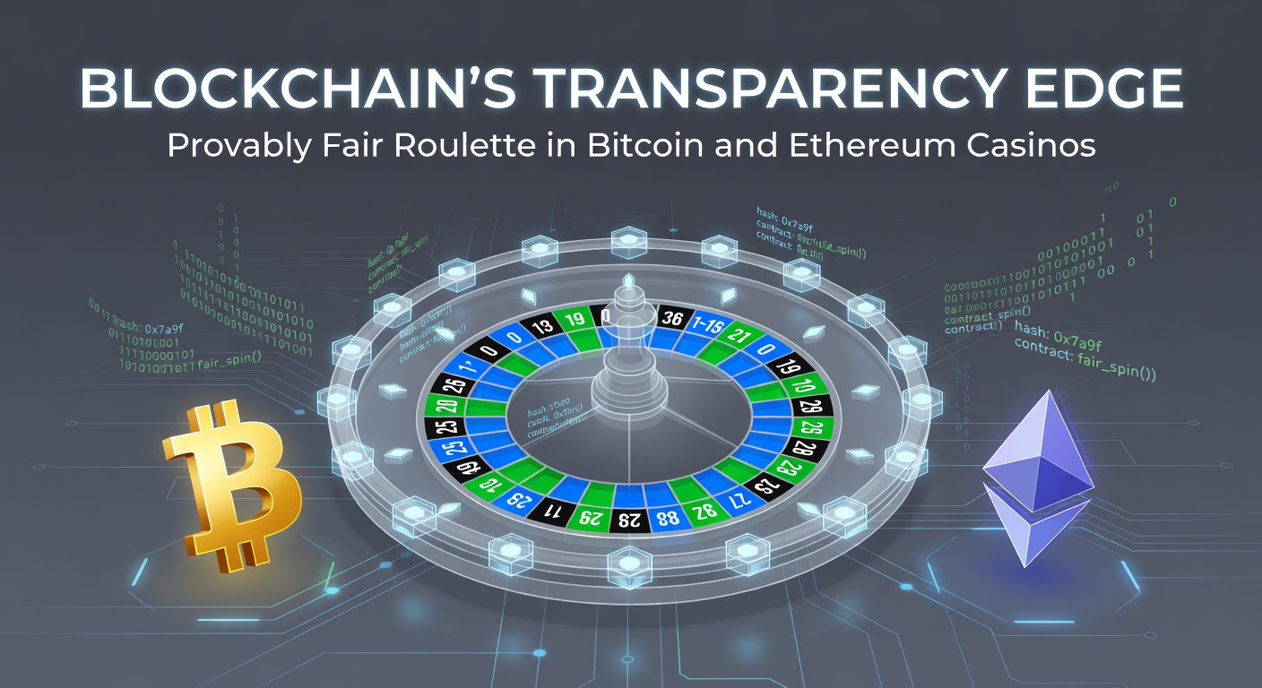 Darstellung einer Blockchain-Kette mit Roulette-Rad und Krypto-Symbolen für Transparenz in Online-Glücksspielen