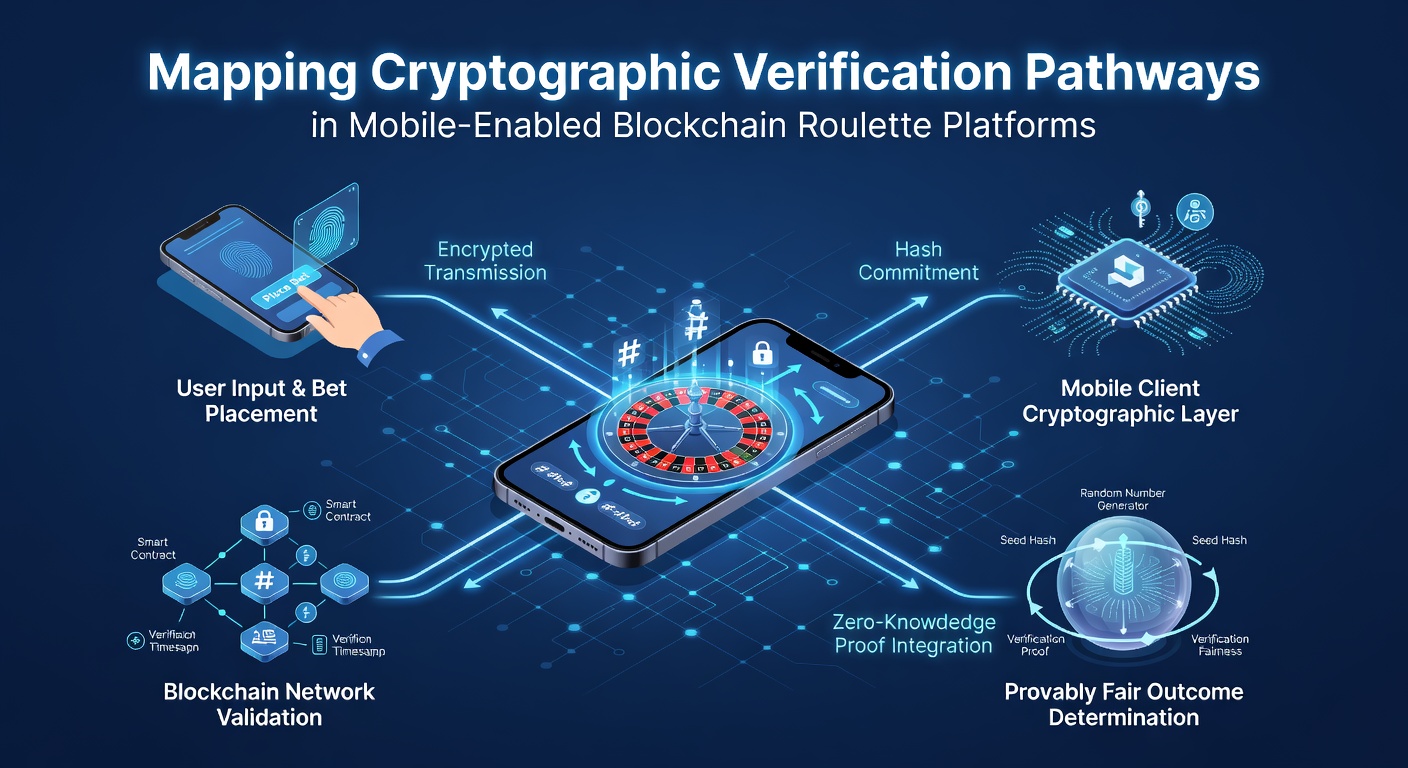 Diagramm der kryptografischen Verifizierungspfade in mobilen Blockchain-Roulette-Systemen mit Smart-Contract-Integration