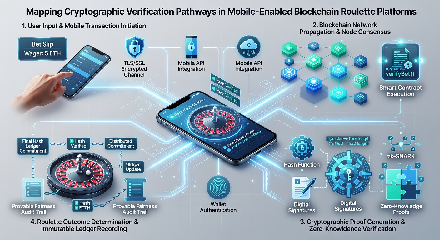 Illustration mobiler Schnittstellen mit Blockchain-Verifikationspfaden und Zero-Knowledge-Proofs in Roulette-Plattformen
